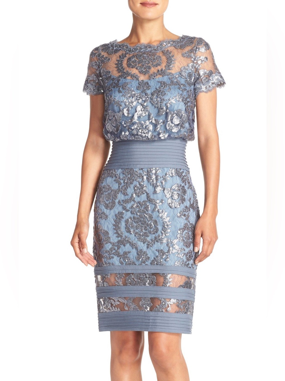Tadashi Shoji Sequin Embroidered Lace Blouson Cocktail Dress Slate Blue